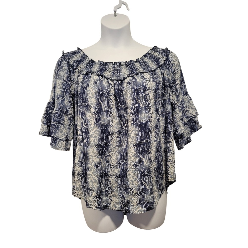 rue21 2X Plus Navy Blue Snakeskin Print Ruffle Peasant Flowy Boho Fairy Blouse